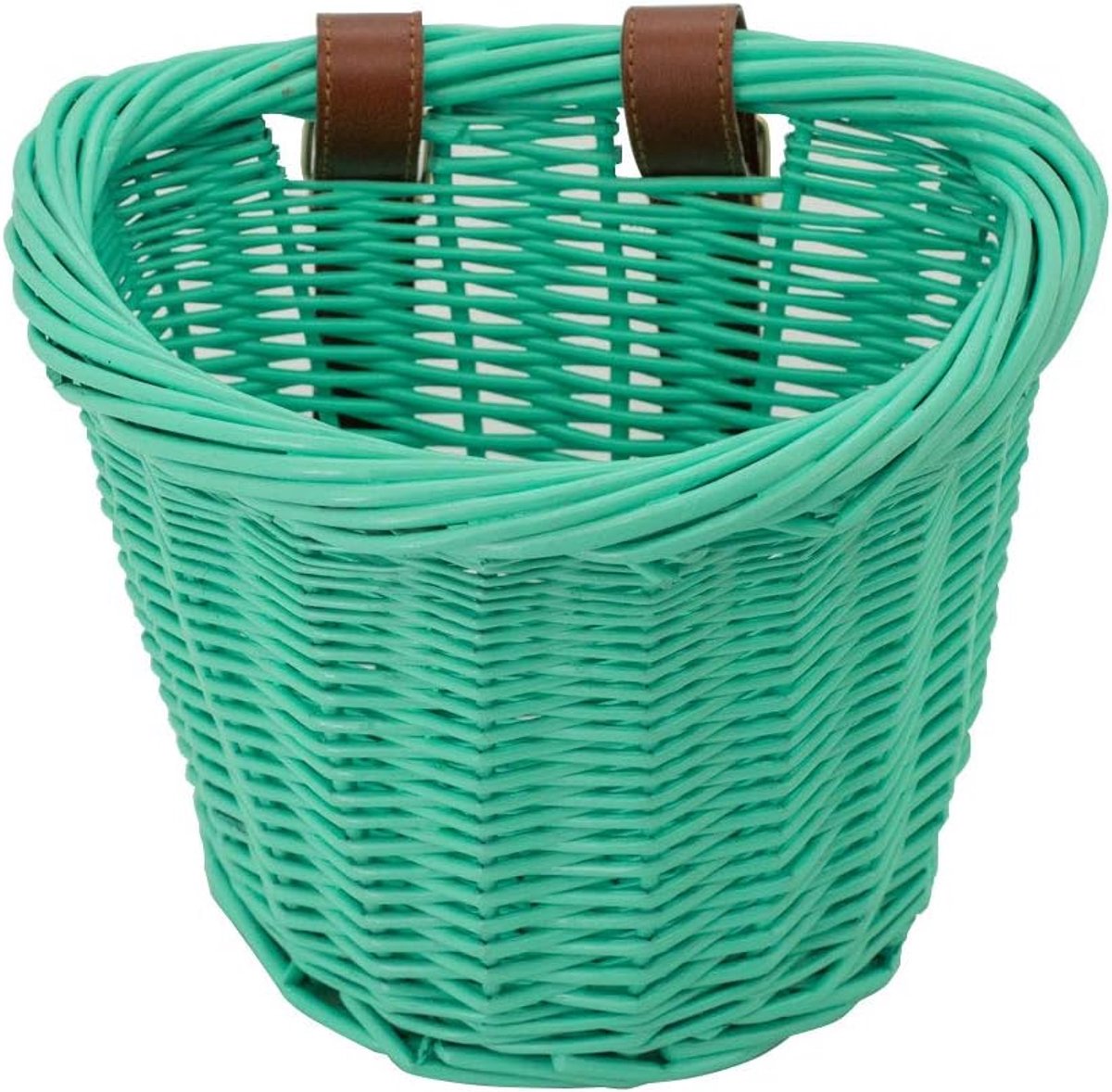 Mintgroene ronde kunstrotan kinderfietsmand, geweven fietskorf met bruine bevestigingsriemen voor kinderfiets en balancefiets,21*17*16cm