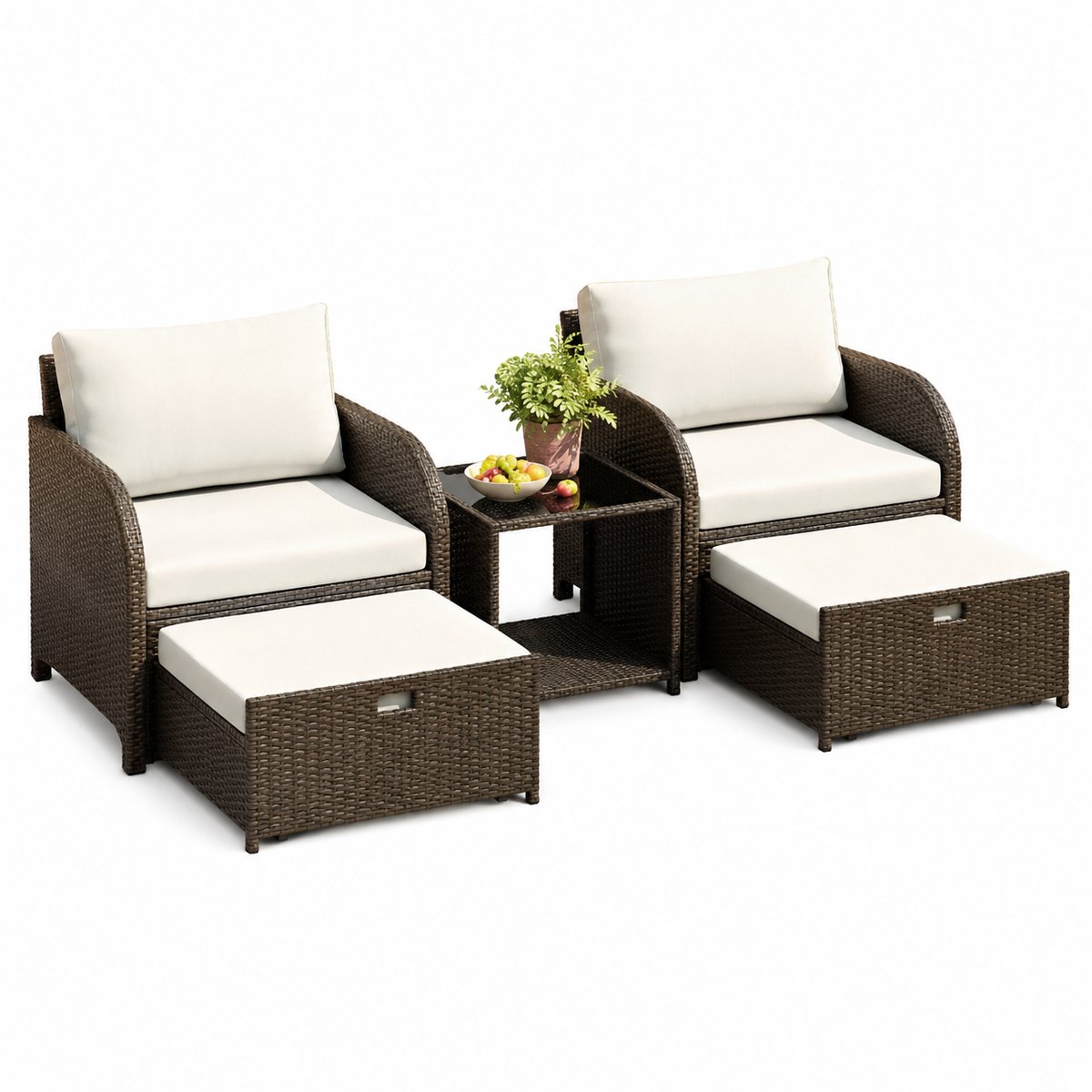 VILIMA - Tuinmeubelset - Weersbestendige Loungeset - Zitmeubilair - Voetenbankjes - 5-delig - Praktisch ontwerp - Beige kussens - Glazen tafelblad
