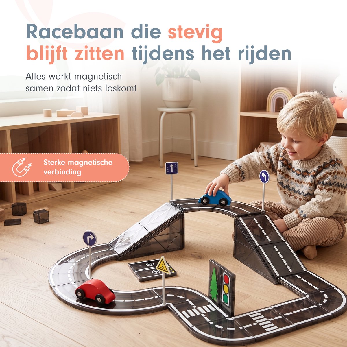 Magnetic tiles - Racebaan - Magnetische tegels - Bouw jouw magna wereld - Magneten speelgoed - Magneet tegels - Montessori - Bouwstenen - Travel set - Constructiespeelgoed — cadeau in Spellen & Speelgoed - foto 5