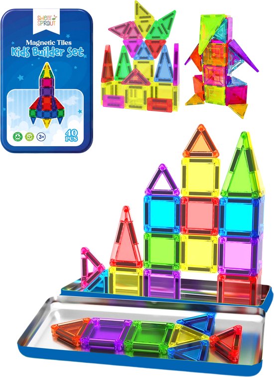 Magnetische tegels in regenboogkleuren, gebouwd tot een raket, kasteel en vlinder, plus extra stukken.