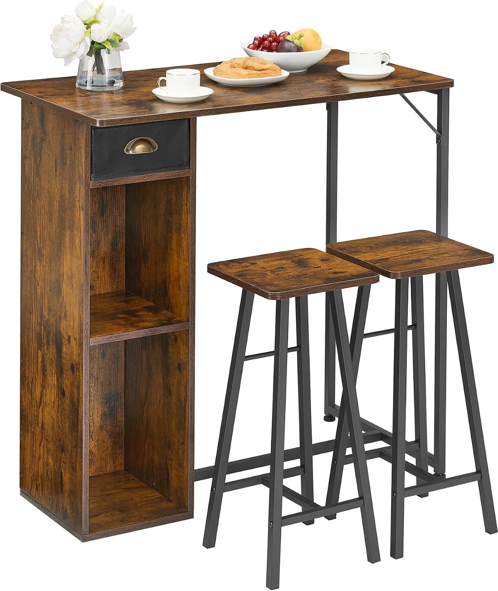 Ruimtebesparende 3‑delige bartafelset voor 2 personen – 91,4 cm bartafel met opbergplanken – inclusief 2 krukken – modern industrieel
