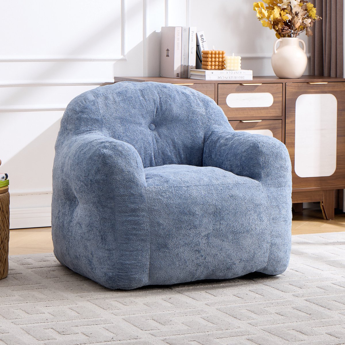 MIVRAY Zitzakstoel Met Armleuningen 95 X 95 X 79 Cm - Met Hoge Rugleuning En Schuimvulling - Voor Woonkamer En Leeshoek - Imitatiebont Blauw