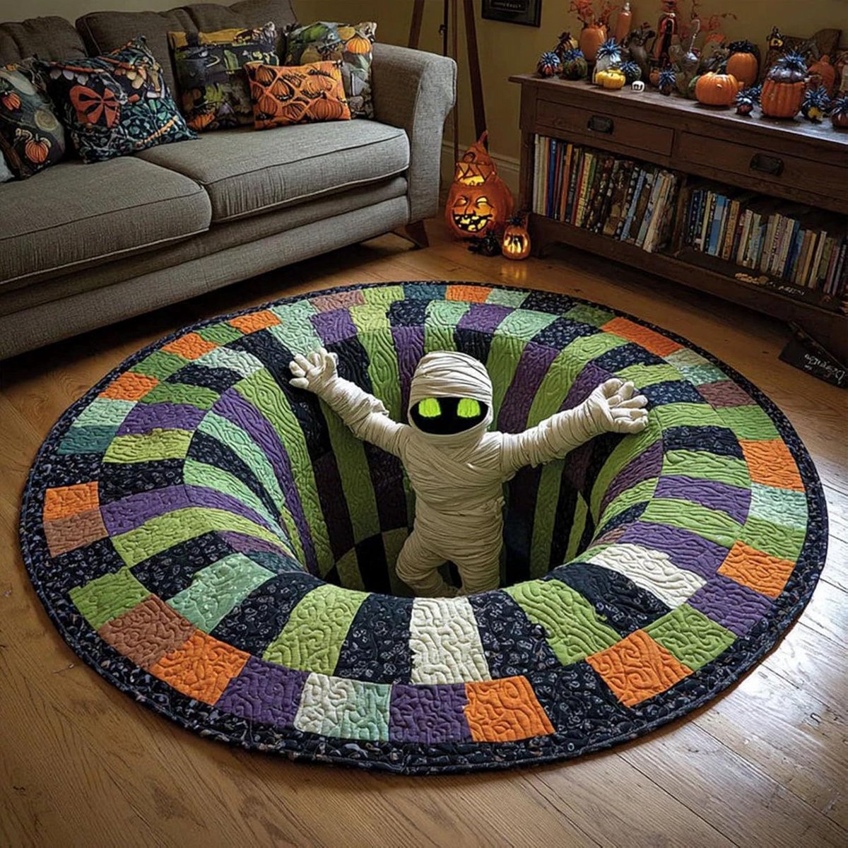 Namajunas vloerkleed - rond vloerkleed - vloerkleed rond met skelet - halloween decoratie - 3D-effect optische illusie - 60 x 60 cm - halloween versiering voor woonkamer slaapkamer feest