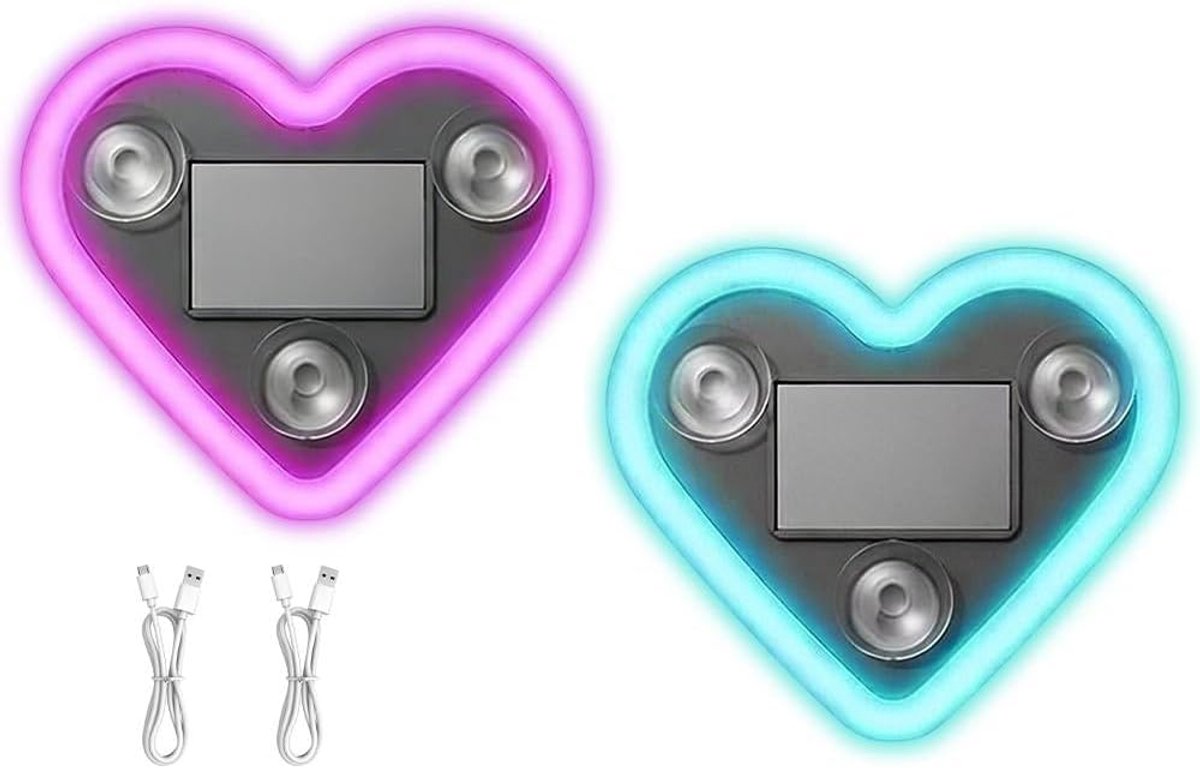 Sfeerverlichting auto led hart, 2 stuks hartvormige led-omgevingsverlichting voor auto, draadloze zonne-hart led neonlichten met 5 verlichtingsmodi voor auto-interieur, feestdecoratie (roze + blauw)