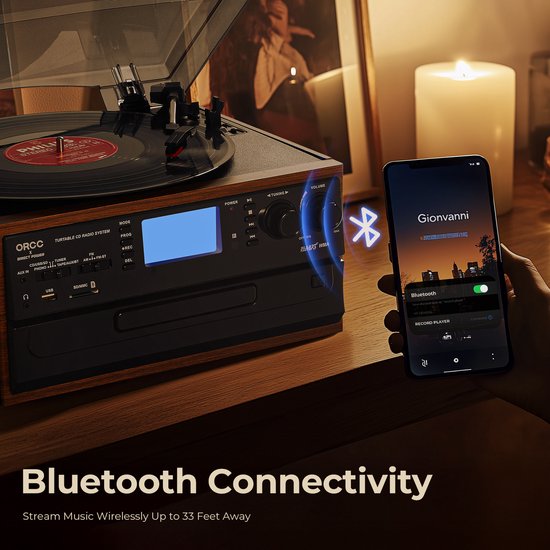 ORCC 10-in-1 Platenspeler Vintage - Bluetooth Vinyl Platenspeler met CD, USB, SD, AUX, RCA, Ingebouwde Stereo Speakers, Afstandsbediening, 33/45/78 RPM en Houten Behuizing - Bruin — afbeelding 4