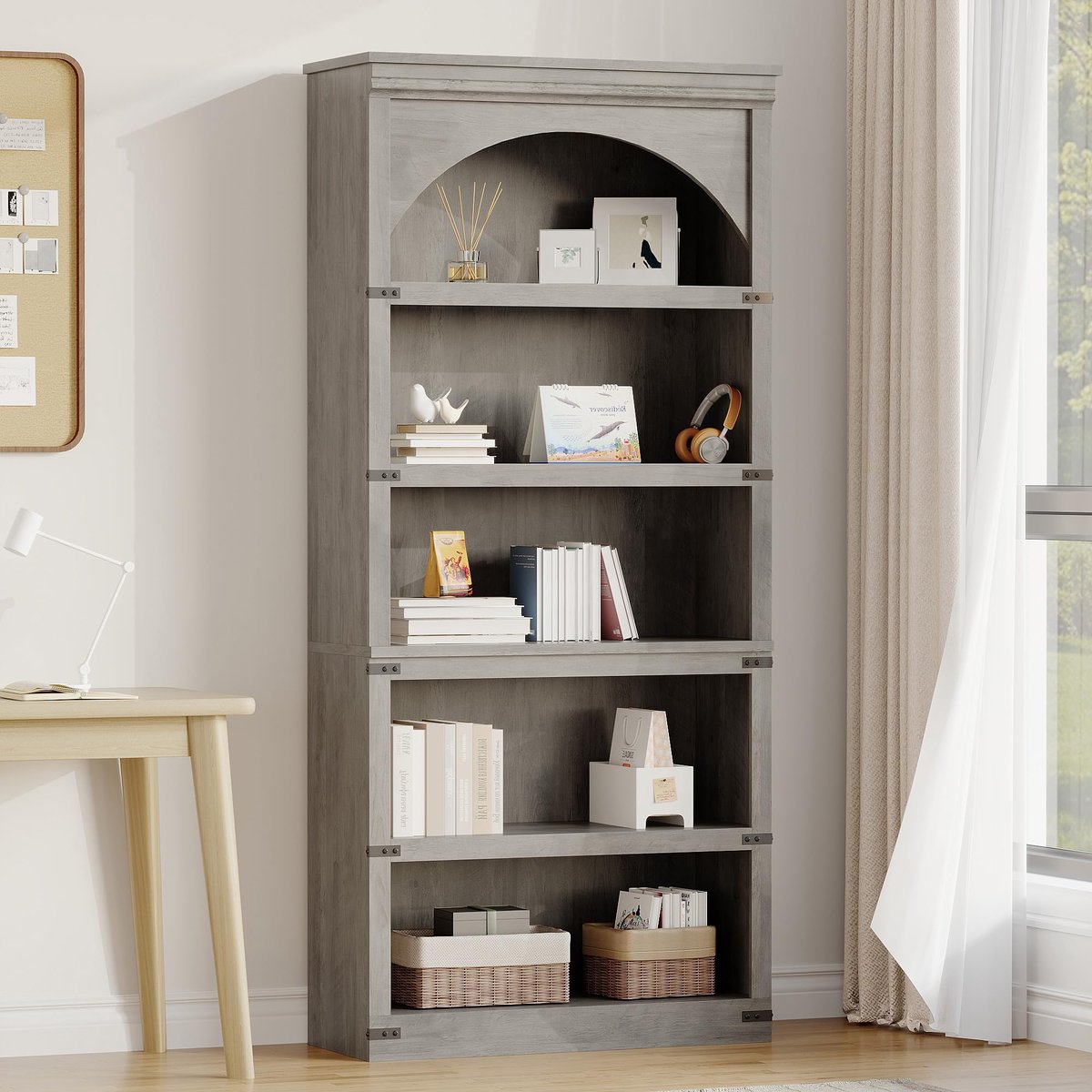 Vintage Boekenkast Hoog 5 Lagen - 80x30x174.5cm - Boogvormige Boekenkast - Open Opbergkast - Gebogen Opbergrek - Voor Kantoor Woonkamer - Grijs