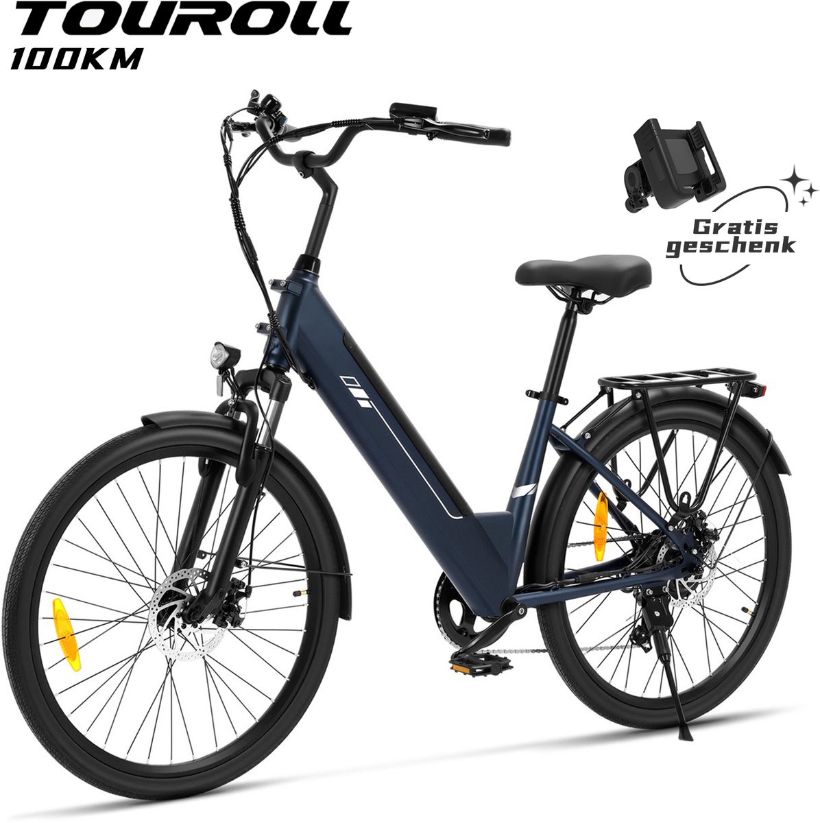 Touroll J2 ST Elektrische Fiets Stap-in 100KM Actieradius 250W 45Nm E-Bike 26 inch Afneembare Accu 561,6Wh Shimano 7 Versnellingen Dames Stadsfiets Laag Instap Woonwerk Vrouwen Senioren Voorvering Schijfremmen 120kg J1 ST Upgrade 2026Nieuw Cadeau Tip