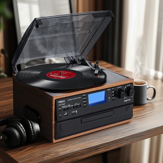 ORCC 10-in-1 Platenspeler Vintage - Bluetooth Vinyl Platenspeler met CD, USB, SD, AUX, RCA, Ingebouwde Stereo Speakers, Afstandsbediening, 33/45/78 RPM en Houten Behuizing - Bruin — afbeelding 2