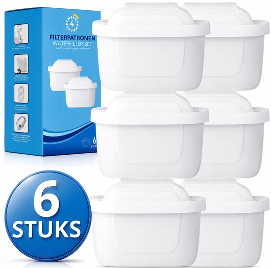 Zes witte waterfilterpatronen, geschikt voor Brita, met blauw "6 STUKS" logo op de voorgrond. De verpakking toont "FILTERPATRONEN WATERFILTER SET".
