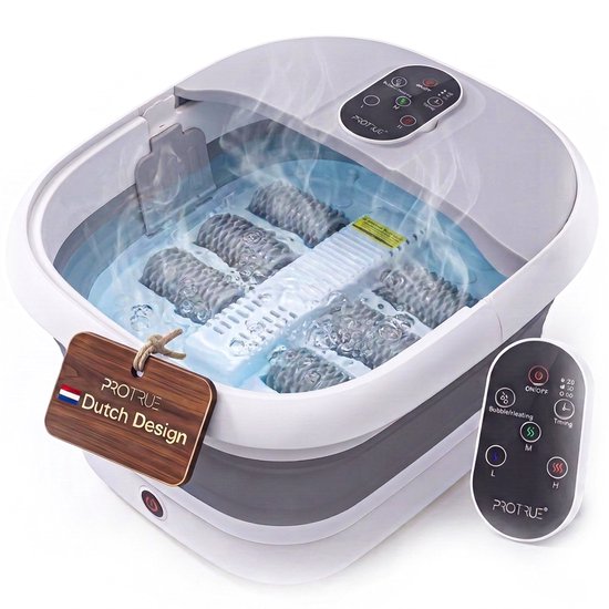 Bain de pieds ProTrue blanc et gris pliable avec rouleaux de massage et fonction bulle. Télécommande incluse avec drapeau néerlandais.