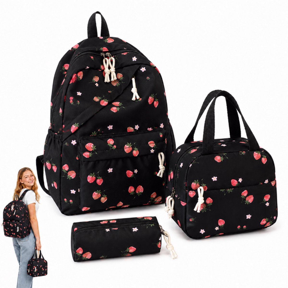 Bobypet - Rugzak 3-in-1 Set - Met Koeltas en Etui - Strikjes Design - Waterafstotend - Lichtgewicht Schooltas & Laptoptas tot 17 Inch -zwart