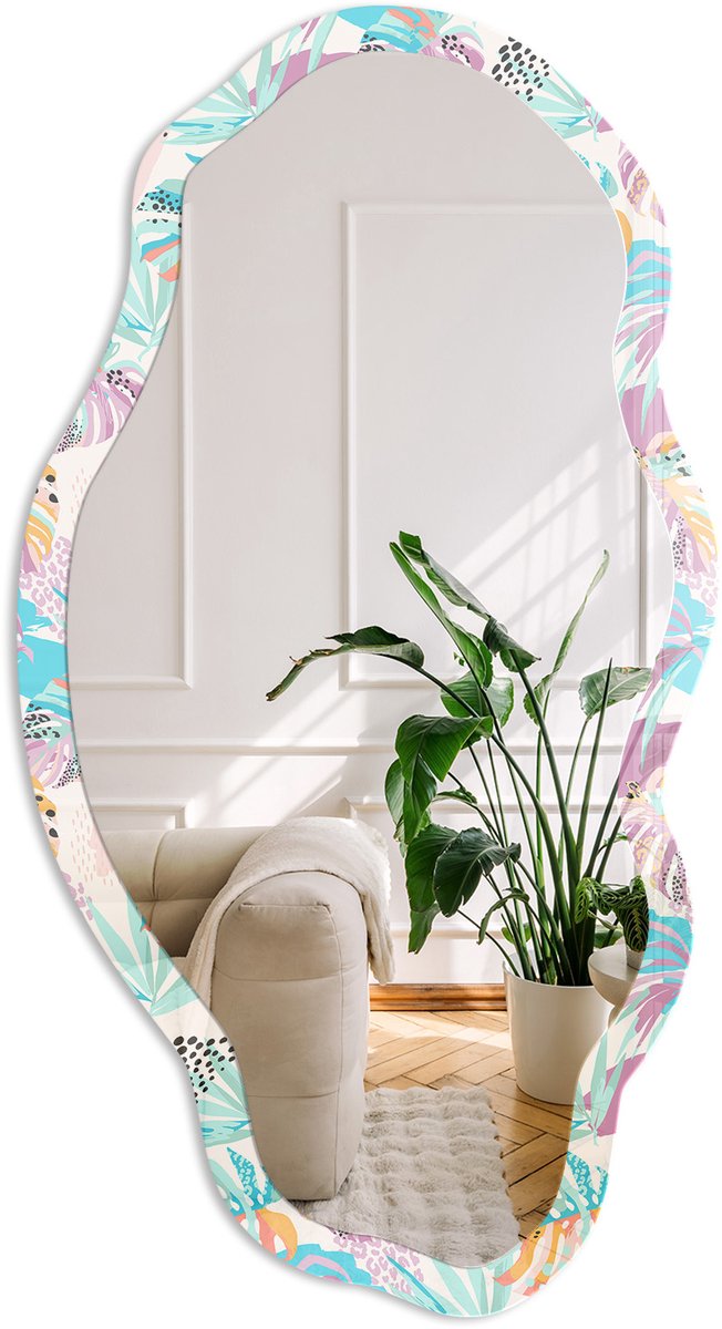 Coloray Tropisch Patroon Spiegel - Turkoois Stijlvolle Wandspiegel - Organische Spiegel - Slaapkamer, Kantoor, Woonkamer - Modern - 45x90 cm - Totale afmeting 52x97 cm