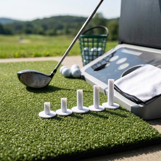 Witte rubberen golf tees set 5 delig – golf tees voor oefenmat en driving range – verschillende hoogtes – duurzame golf tee set – geschikt voor binnen en buiten golftraining — afbeelding 3