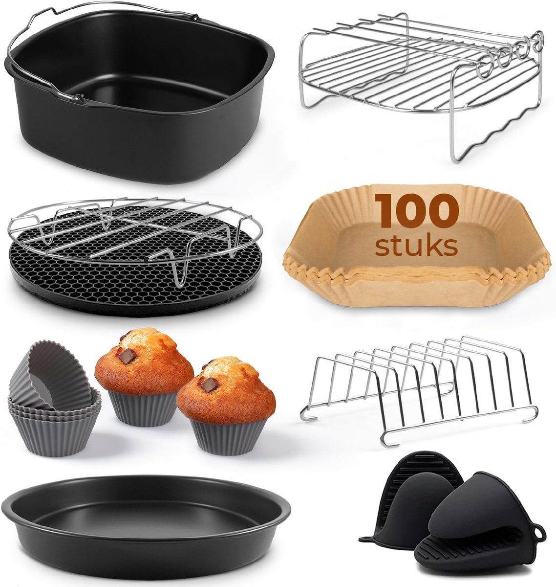 Airfryer Accessoires 19-delig – Geschikt voor XL en XXL Airfryers, Philips, Cosori, Ninja, Cecotec, Tefal, Princess – BPA-vrij – Inclusief bakpapier en receptenboek