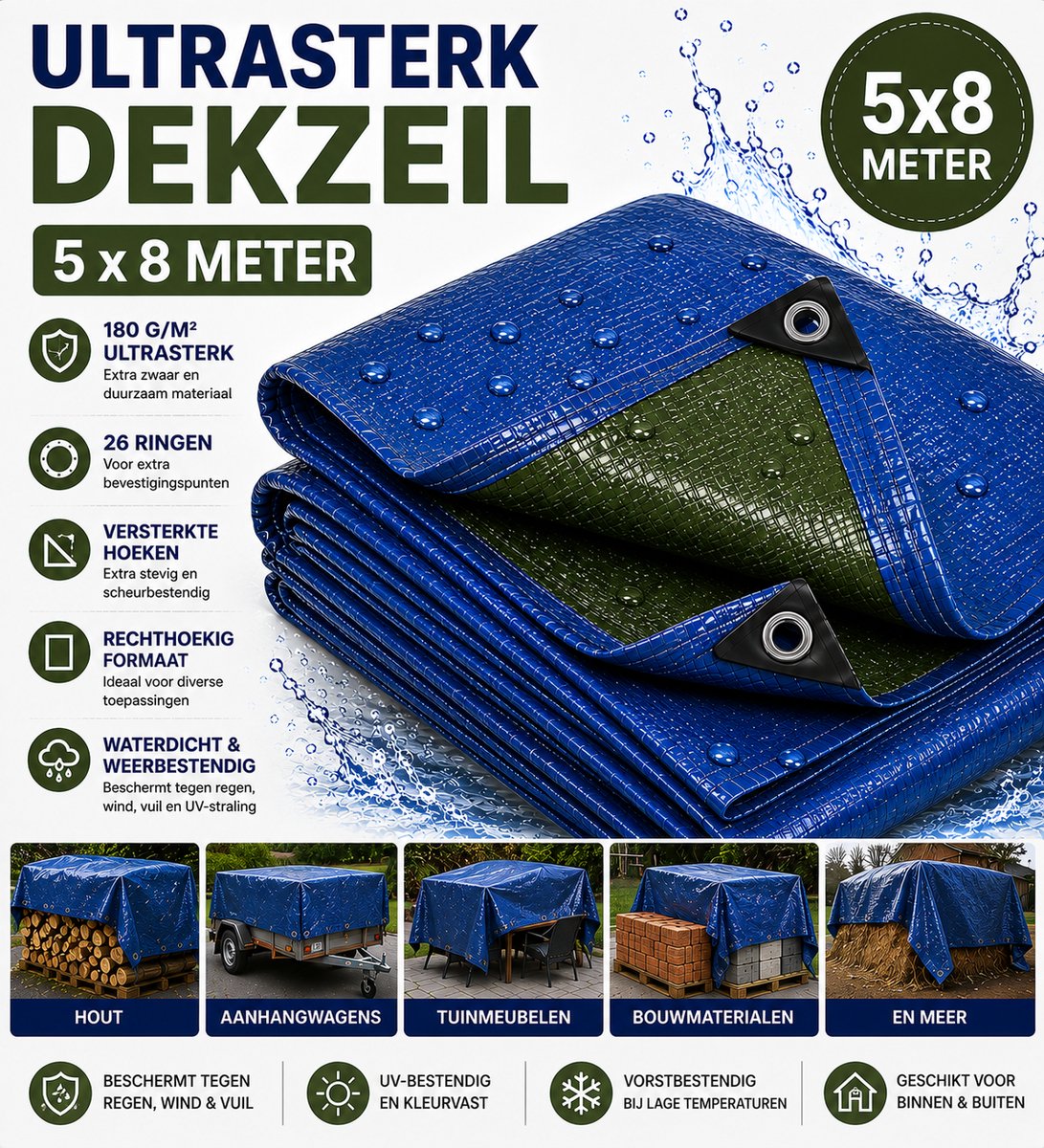 MaxxGarden Dekzeil 5 x 8 m, 180 g/m² ultrasterk, Blauw/zwart, versterkte hoeken, Waterdicht Bouwzeil & Zeildoek - Zeil 26 Met Ringen - Beschermhoes & Afdekhoes voor Zwembad,Tuin Set,Motor,Scooter,Fietsen,Aanhangwagen - Auto Hoes Bescherming