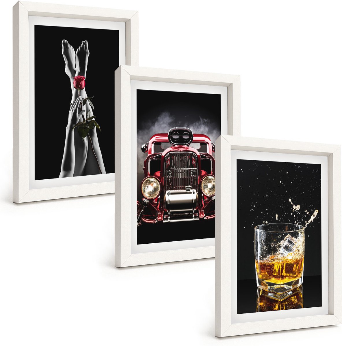 Wallfluent 3-Delige Schilderij Set - Vrouwenbenen Met Roos, Oude Auto, Glas Whisky - 20 x 30 - Stijlvolle Muurdecoratie - Slaapkamer