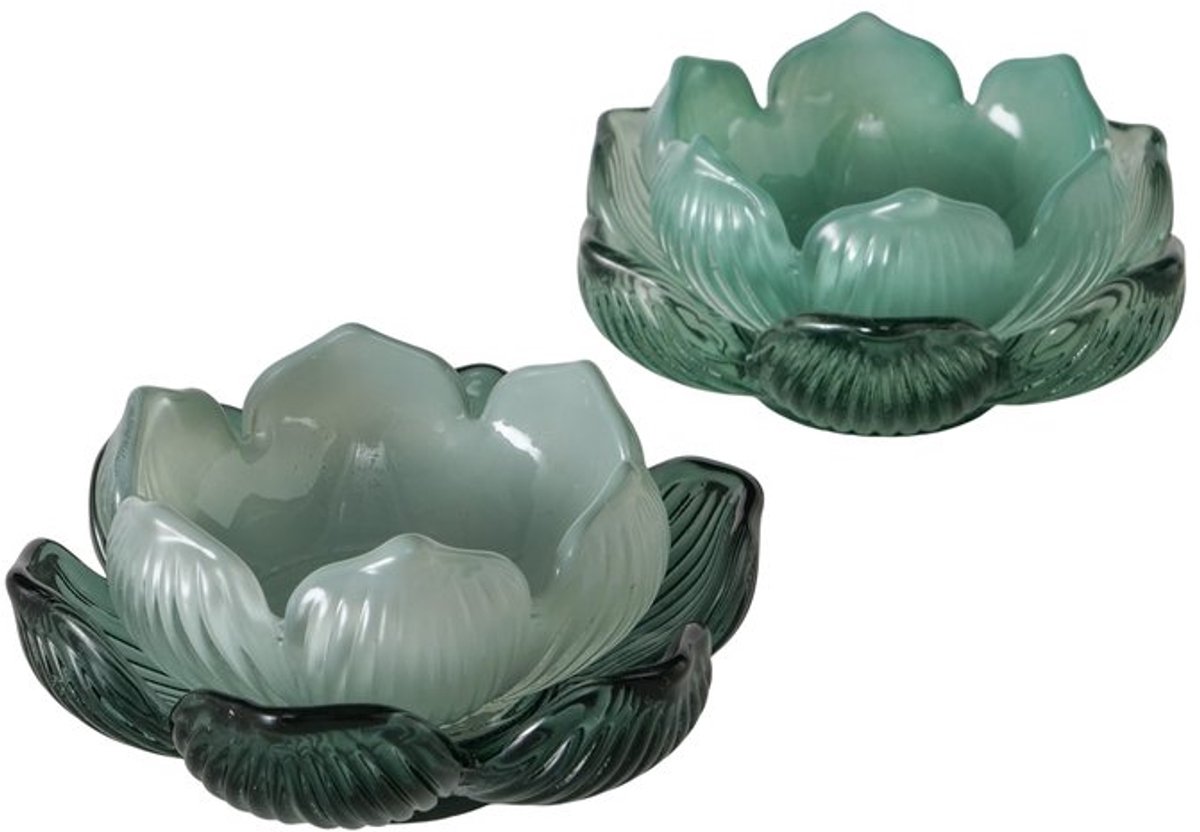 Boltze - Waxinelichthouders - Set van 2 - Glas - Groen - Bloemvorm - 9 x 9 x 4 cm