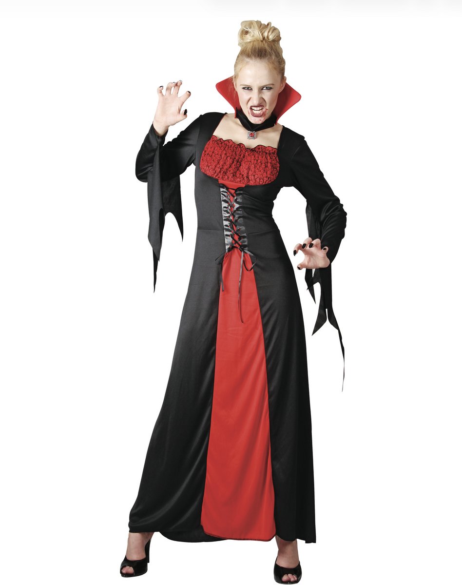 Joya Party® Vampier Kostuum Dames | Vampier Jurk Vrouw | Vampire Verkleedpak Vrouwen | Zwart Rood Halloween Kostuum Vampiress | Incl. Choker met Kraag | Koppel & Gezins Kostuum | Maat M/L