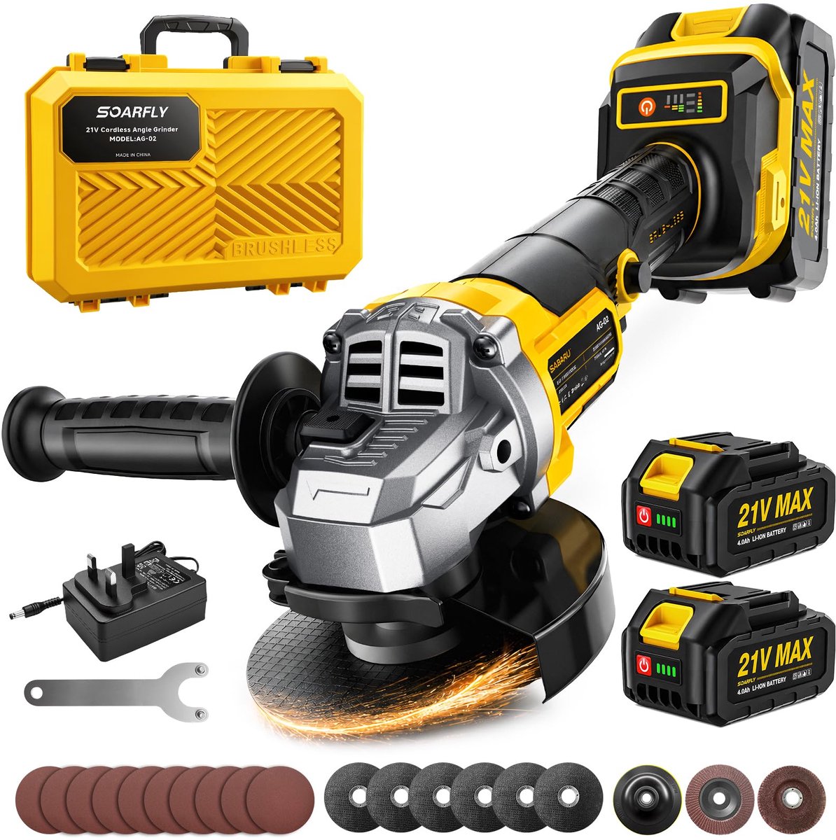 Accu Haakse Slijper 21V – 115 mm Slijptol – 10000 RPM – 3 Snelheden – Inclusief 2 x 4000 mAh Accu’s
