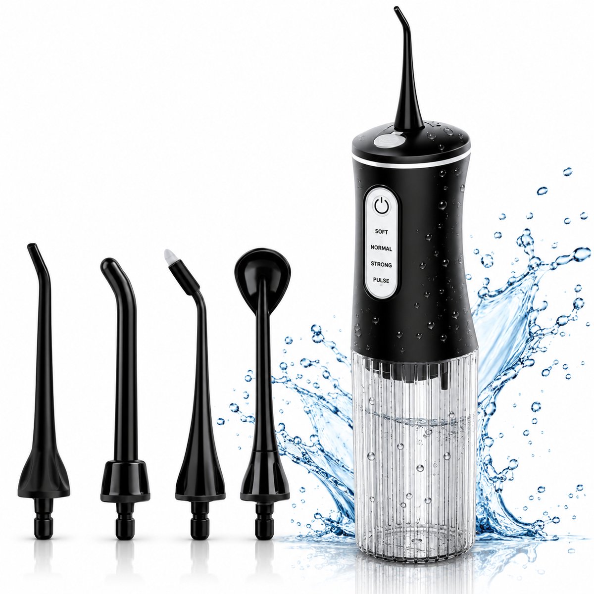 Waterflosser - Tank 200 ML - Monddouche - 4 opzetstukken - 4 Standen - Elektrisch Flosapparaat - Waterdicht - Draadloos en Oplaadbaar - Zwart