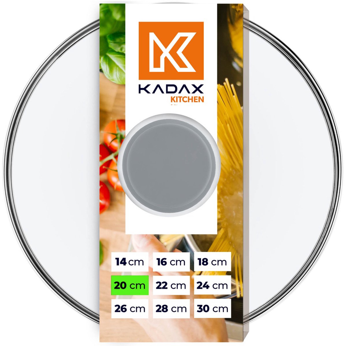 KADAX glazen deksel met siliconen handgreep, hittebestendig deksel voor potten, deksel met stoomgat, universeel deksel in verschillende maten, rond (20 cm, grijs)