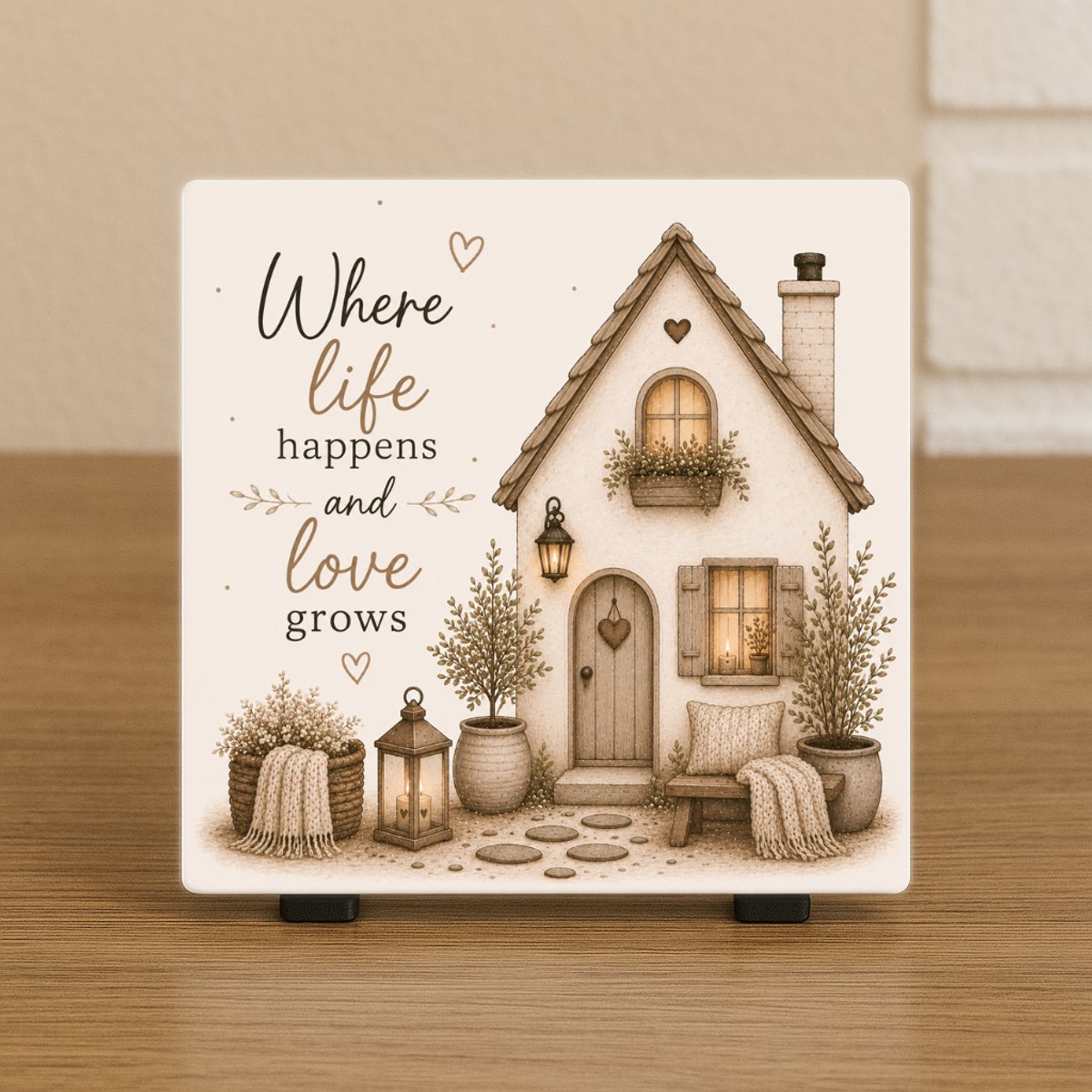 CreaCraft Spreuktegel “Where life happens and love grows” – Cadeau tegeltje – Trendy nu – Woondecoratie – Vriend(in), familie, collega – Zomaar – Incl standaard – Cadeau idee – Wenstegeltje