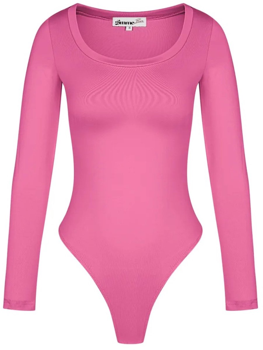 Fuchsia Bodystocking Lange Mouwen - Stretch Bodysuit Dames - Trendy Dames Kleding - String Body - Maat L - Fuchsia