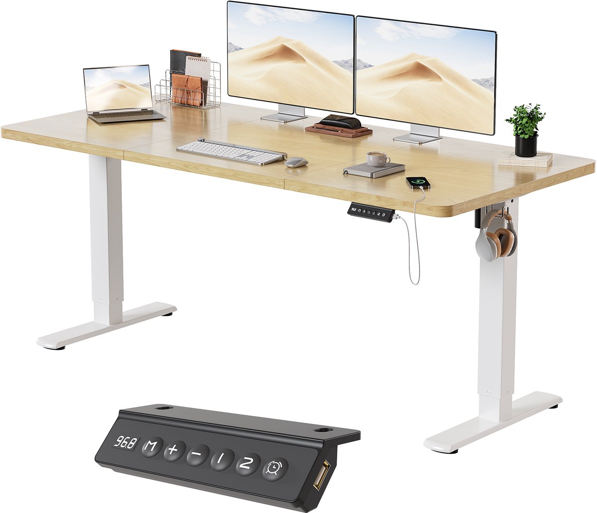 Devoko Elektrisch Zit-Sta Bureau 160x70 cm - E0 Tafelblad - Zit-herinnering - 2 Geheugenstanden - Digitaal Display - Wit frame met beige blad