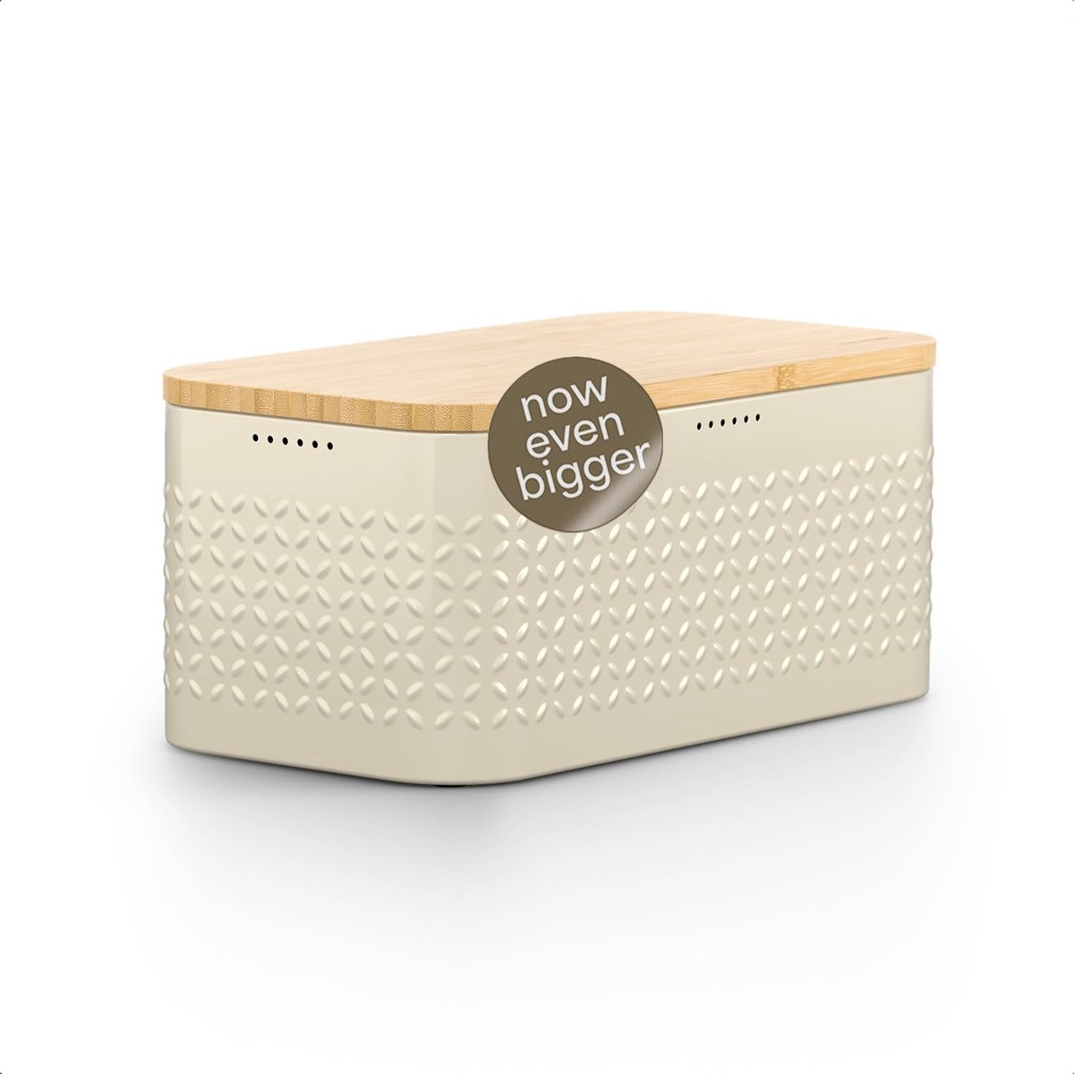 Famanu – Metalen broodtrommel voor langdurige versheid, met antislipnoppen en bamboe deksel als snijplank, 34,5 x 18,5 x 15,8 cm, almond beige