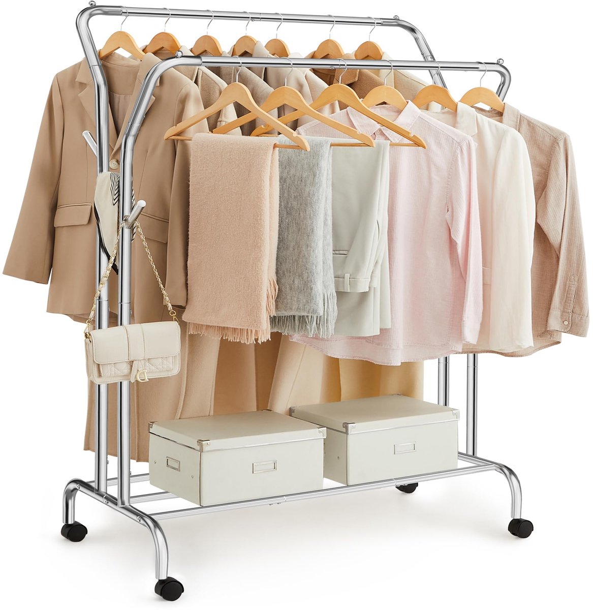 Famanu Kledingrek met wieltjes, dubbele stang, van staal, belasting tot 100 kg, breedte 103,5 cm, multifunctionele opslag Zwart