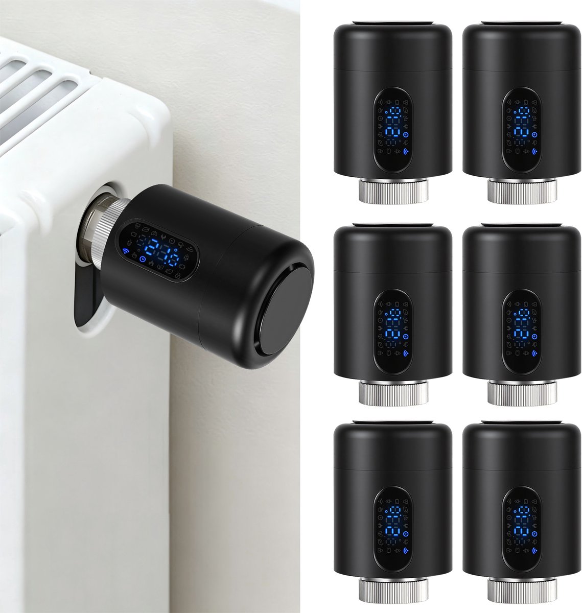 Radiator Thermostaat WiFi – Raamdetectie, Vorstbeveiliging en Kinderslot – Zwart – 6-pack