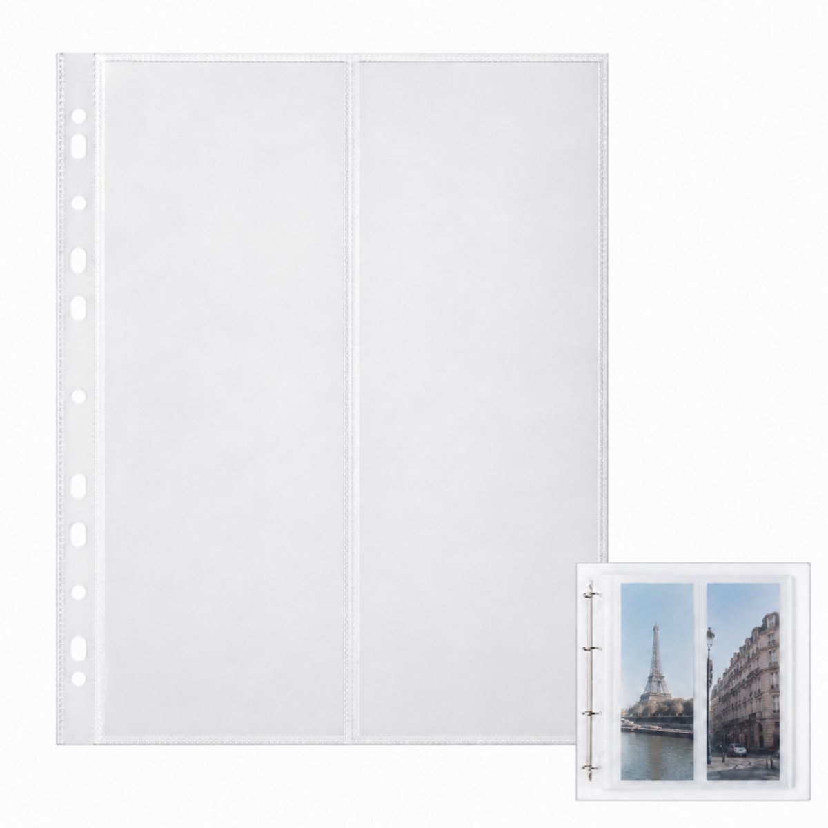 Fotohoezen - A4 TransparantFotobladen - TweeVak -Foto Insteekhoesjes -50 Stuks - voor 2/3/4 ringbanden - Zakformaat 10.7 x 31.1 cm