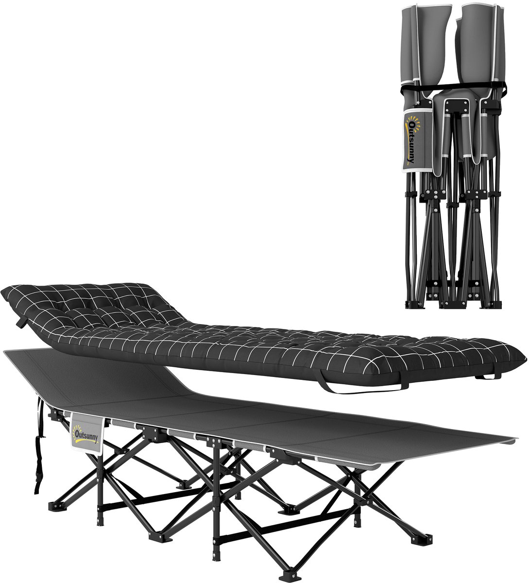 Opklapbaar campingbed - campingbed met matras - ergonomisch - metalen frame - zwart