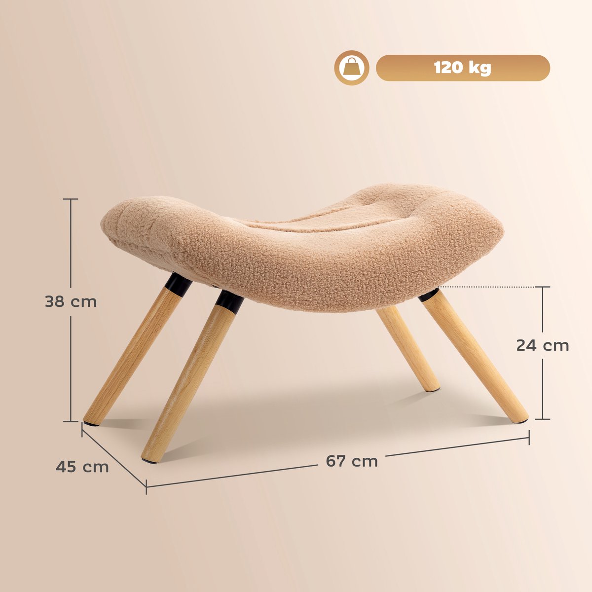 Moderne voetenbank met fleece hoes en houten poten - gestoffeerd - voor woonkamer - slaapkamer - hal - bruin