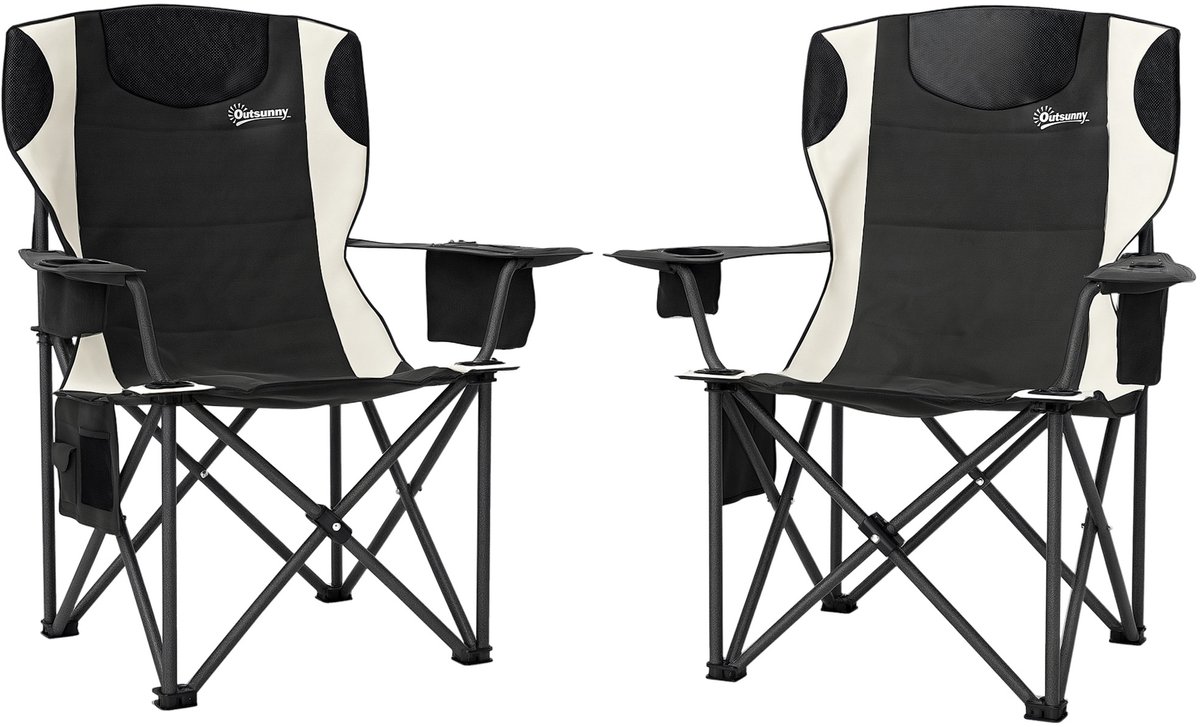 Set van 2 klapstoelen - opvouwbare campingstoelen met armleuningen - bekerhouder - hoofdsteun en koeltas - zwart