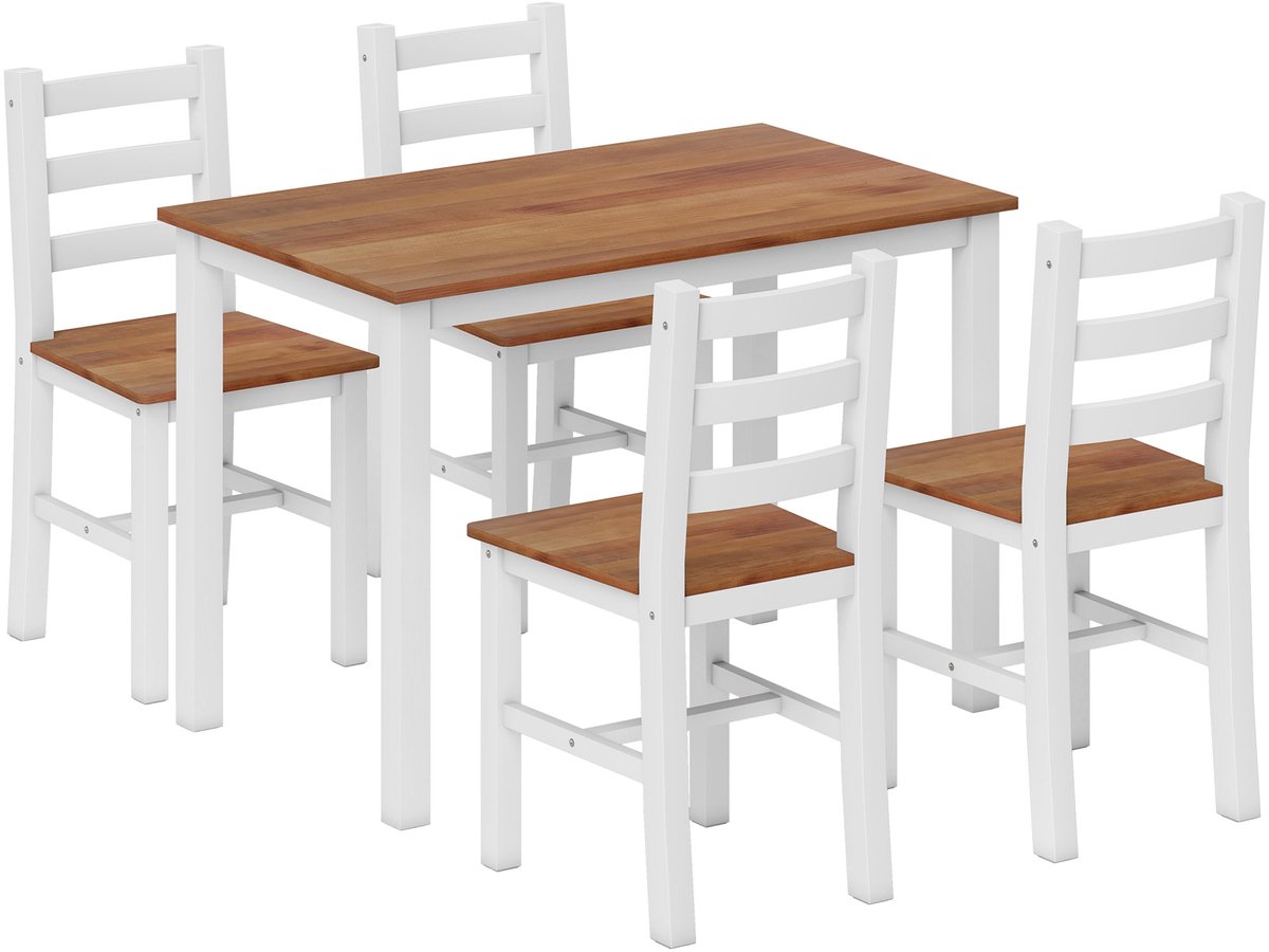 5-delige Eettafelset 108 x 65 x 75 cm, Bruin/Wit, Eettafel met 4 Stoelen, Eetgroep, Keukentafelset, Eetkamermeubel, Tafel en Stoelen, Ruimtebesparend, Rustieke Stijl, voor Keuken en Eetkamer