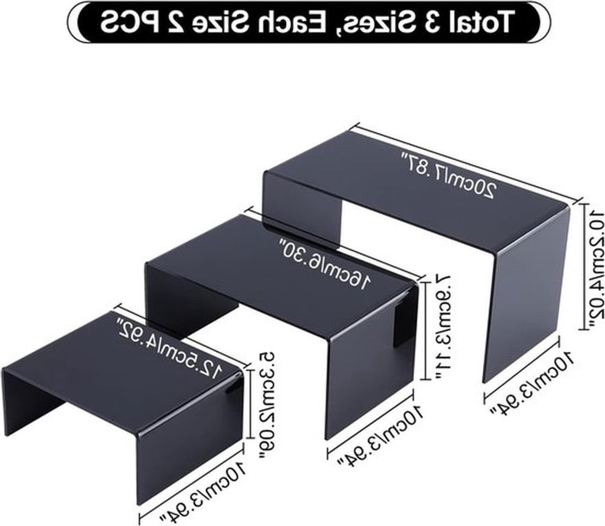 Zwarte acryl display standaards in 3 maten voor popfiguren, tafeldecoraties en sieradenpresentatie