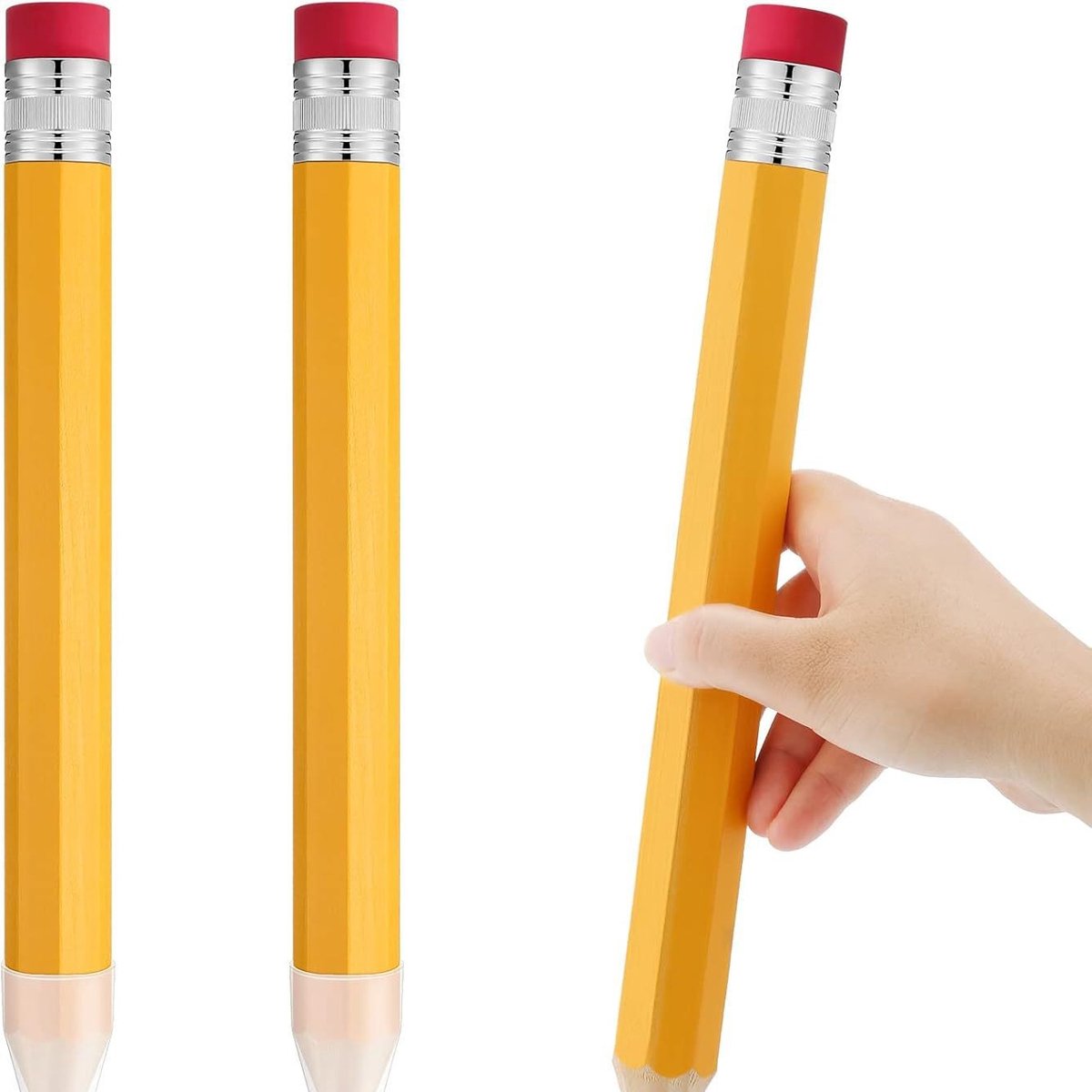 2 Jumbo houten potloden, 33,5 cm, leuke extra grote houten potloden met dop en gum, groot decoratief potlood, gigantisch potlood, feestspelletjes, school- en kantoorartikelen (geel)