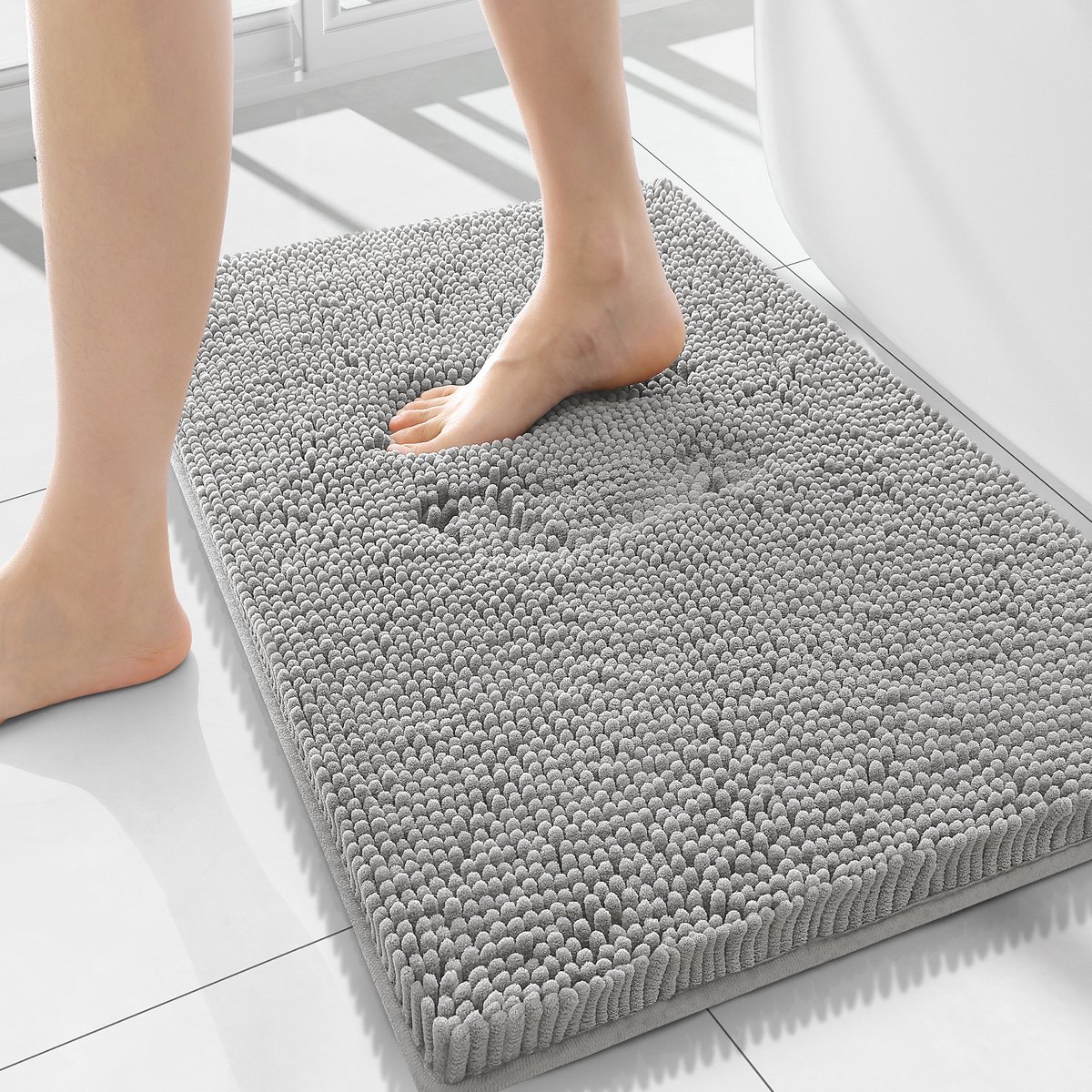 Olanly Badmat Antislip – Chenille Douchemat – Badmat Badkamer – Lichtgrijs – 51X120cm