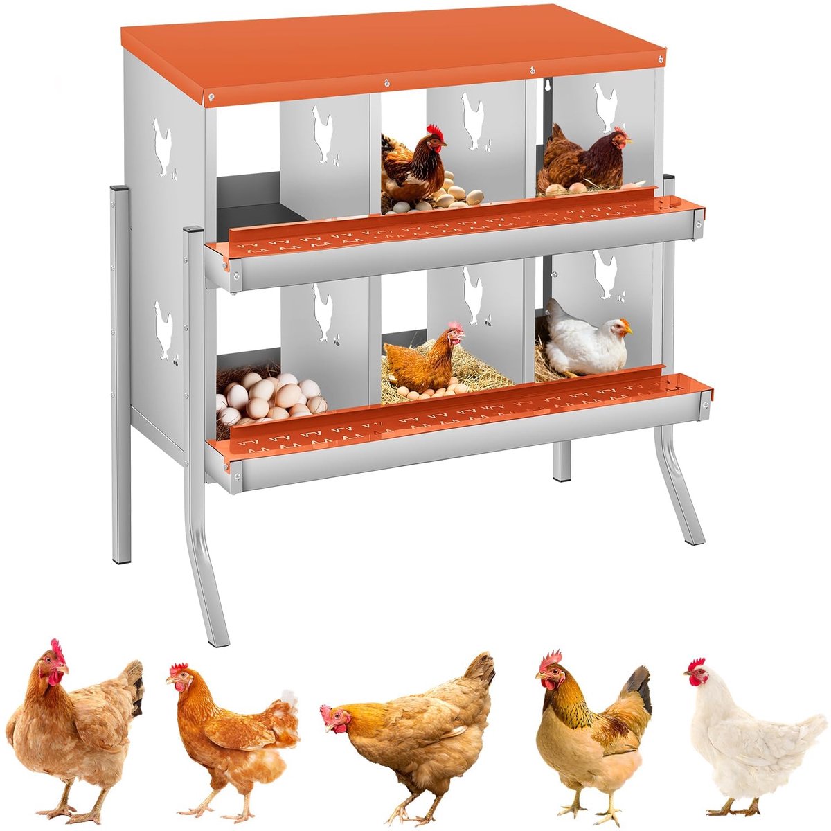 HoerFuriy - Kippenlegnest - Gegalvaniseerd Staal - Voor Buiten en Pluimvee - 84,5x42x90,3cm - 6 Afdelingen - Vrijstaand met Poten - ZW Dubbele Horizontale Lijnen - Oranje-rood