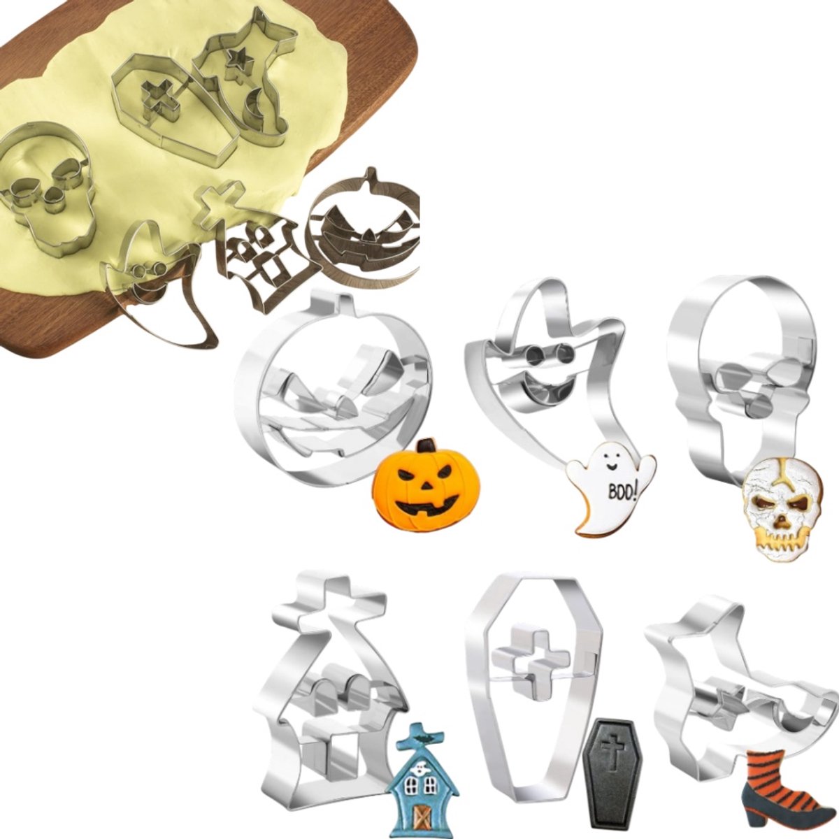 6-delige Halloween-koekjesvorm - Roestvrij staal 3D-vorm - Koekjespers - Deegsnijder - 7*6,5 cm - Voor thuisbakken en het maken van feestelijke desserts - Zilver