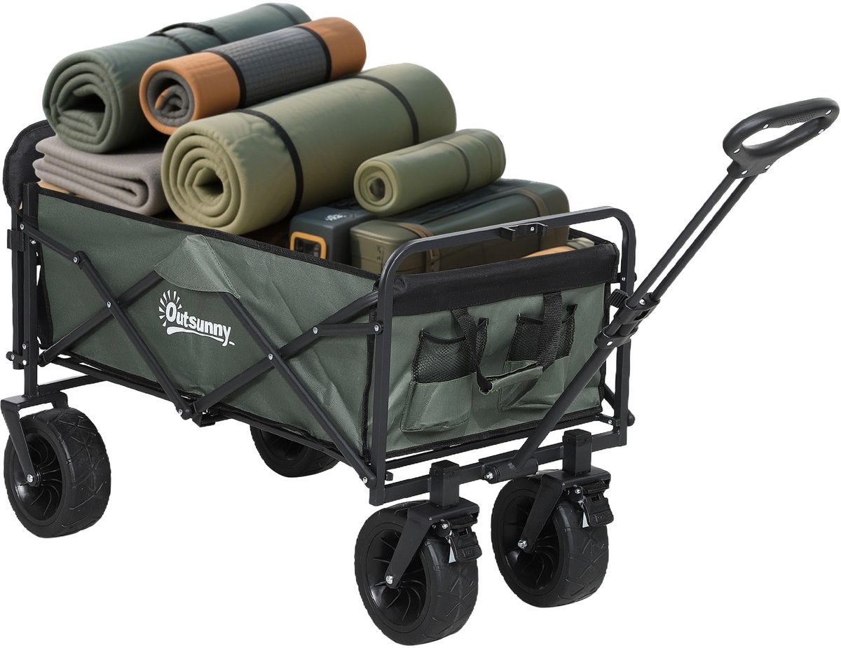 TEKROA® Outdoor Bolderkar - Opvouwbare tuinkar - van 95 liter met openklapbaar paneel - staal en polyester - 125x48x78-102 cm - groen