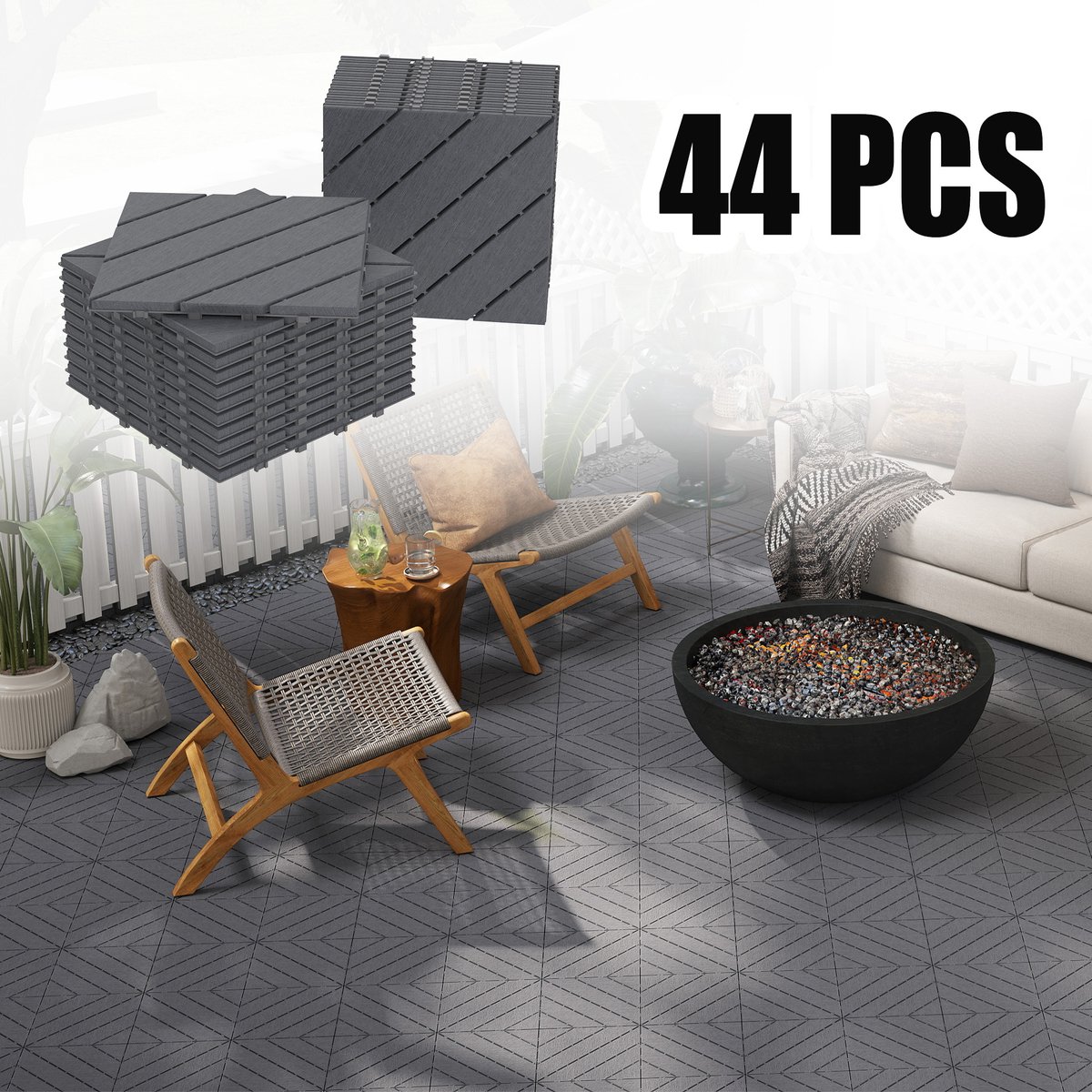 Froadp 44 stuks balkontegels met houtlook terrastegels 30x30cm decoratieve kunststoftegels voor terras kliktegels vloerbedekking balkontegel waterbestendig onderhoudsvriendelijk - 4m² antraciet schuin type