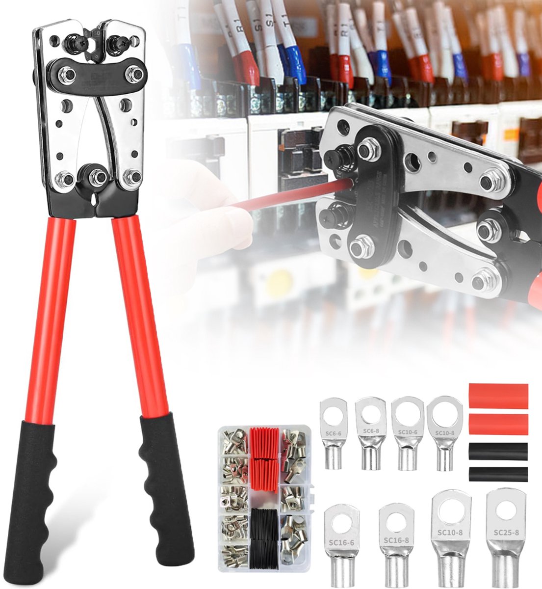 Set Zware Krimptangen - 6-50mm² Draadklemmen 10-1/0 AWG 80 Kabelogen En Krimpkousen - Roestvrij Koolstofstaal, Ergonomisch - Complete Gereedschapskit - Rood