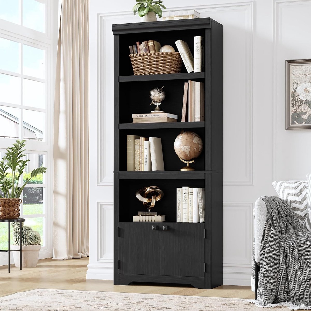 Boekenkast Hoog 5 Lagen met 2 Deuren - 60x29.5x174.5cm - Verstelbare En Uitneembare Planken - Vintage Open Opbergkast - Voor Kantoor Woonkamer - Zwart