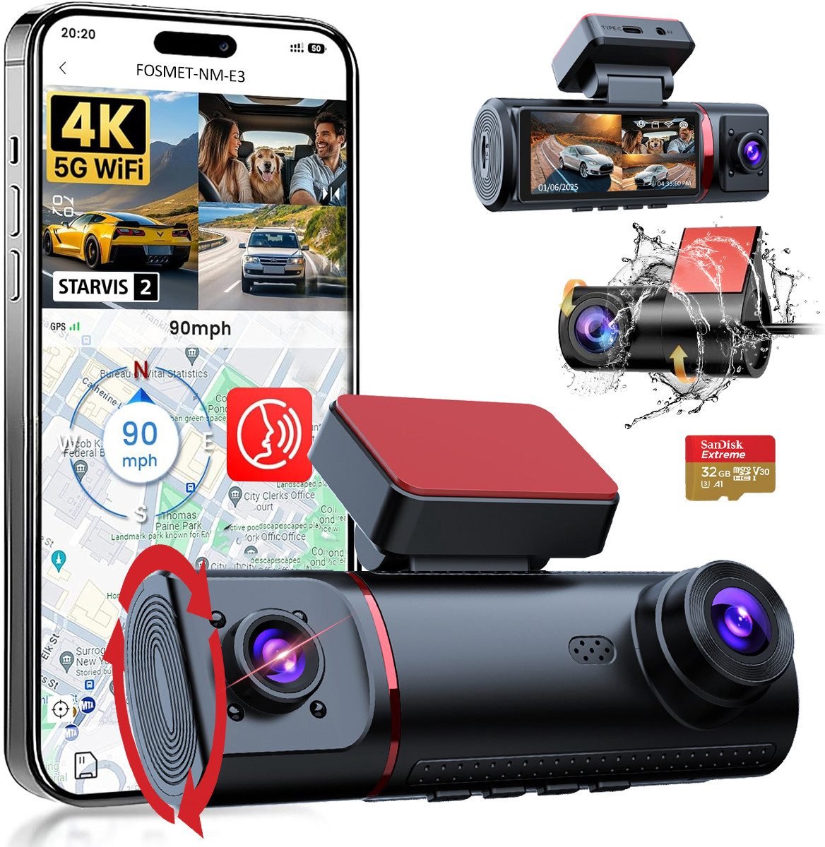 FOSMET Dashcam Voor Auto - 3-kanaals - Ultra 4K resolutie - Nachtzicht - WiFi en GPS - 3,16 Inch IPS-Scherm - App‑bediening - G‑Sensor - Parkeerbewaking - 170° groothoeklens met WDR - Inclusief 32GB SD‑kaart