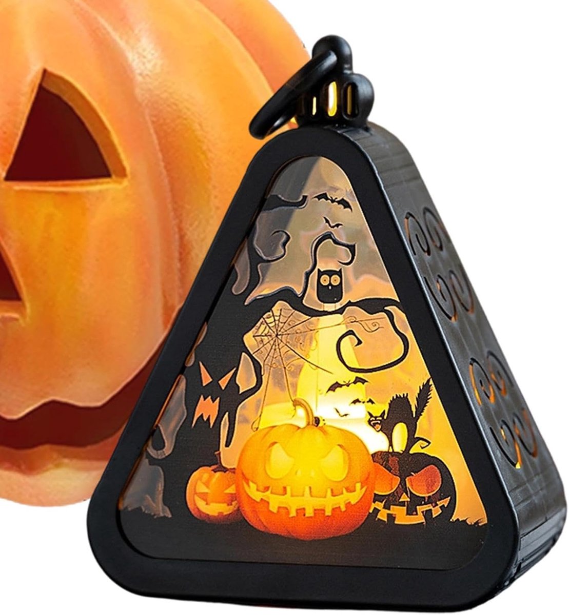Halloween Lantaarn - met LED Verlichting - 8.9*5.2*11.5 cm - Draagbare Sfeerlamp - met Heksen en Kasteel Silhouet - Hangende en Staand Tafeldecoratie - voor Tuin Veranda en Feest - Kunststof Behuizing - Sorteersysteem - Model Universeel - Zwart