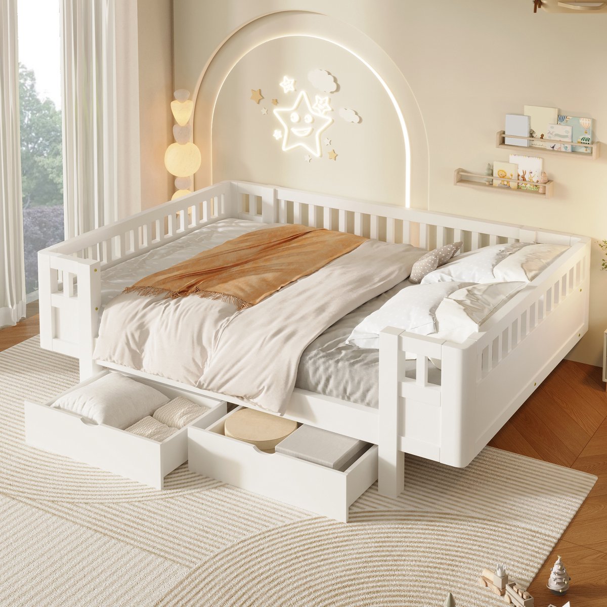 Kinderbed, Platformbed Van 140X200 cm Met Hoge Veiligheidsrail En Twee Grote Lades-Wit