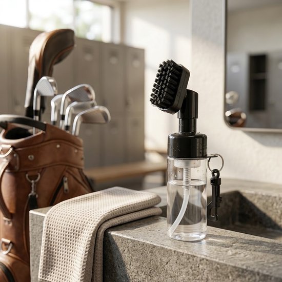 Transparante golf schoonmaak borstel met waterreservoir unisex golf club reiniger met waterspuit dubbel spray mondstukken nylon borstel 150 ml navulbare reinigingsfles golf accessoire — afbeelding 2