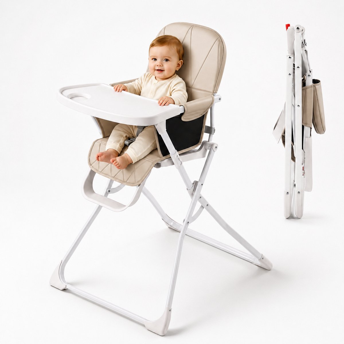 Opvouwbare Baby Kinderstoel – Snel en Eenvoudig Inklapbaar – Makkelijk te Reinigen – Afneembaar Eetblad – Compact en Lichtgewicht 4,5 kg – Khaki